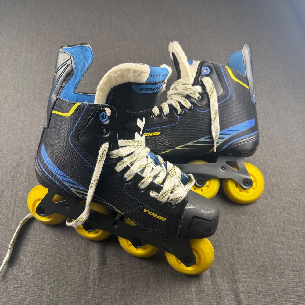 Tour Code FB One Inline Hockey Skates Black Blue Yellow Mens Size 8 80mm Wheels